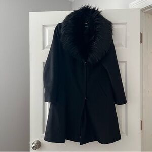 Karl Lagerfeld Black Wool Coat with Faux Fur Trim